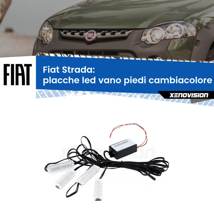 Placche LED vano piedi cambiacolore bluetooth per Fiat Strada 1999 - 2019 <strong>Kit placche LED cambiacolore vano piedi Fiat Strada</strong> 1999 - 2019. 4 placche <strong>Bluetooth</strong> con app Android /iOS.