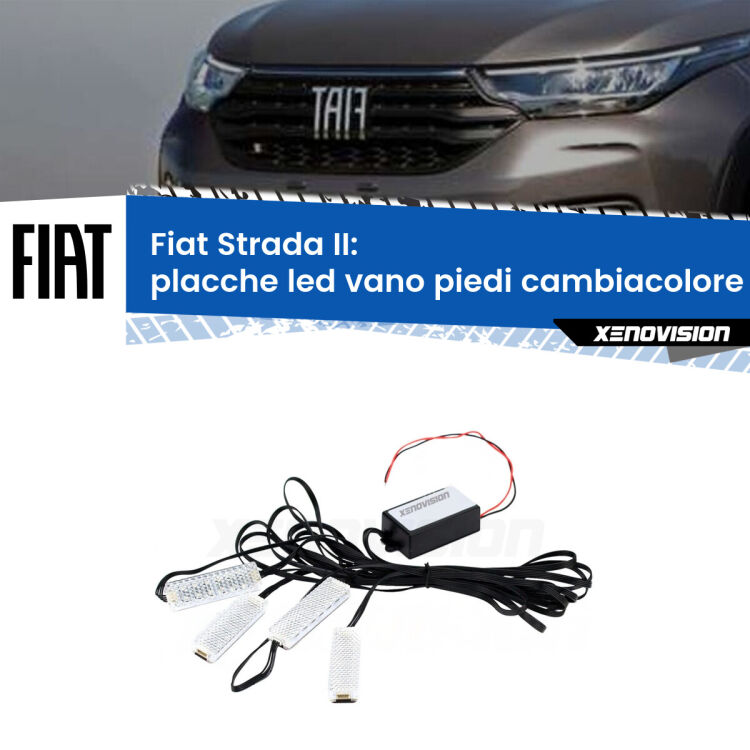 Placche LED vano piedi cambiacolore bluetooth per Fiat Strada II 2020 in poi <strong>Kit placche LED cambiacolore vano piedi Fiat Strada</strong> II 2020 in poi. 4 placche <strong>Bluetooth</strong> con app Android /iOS.