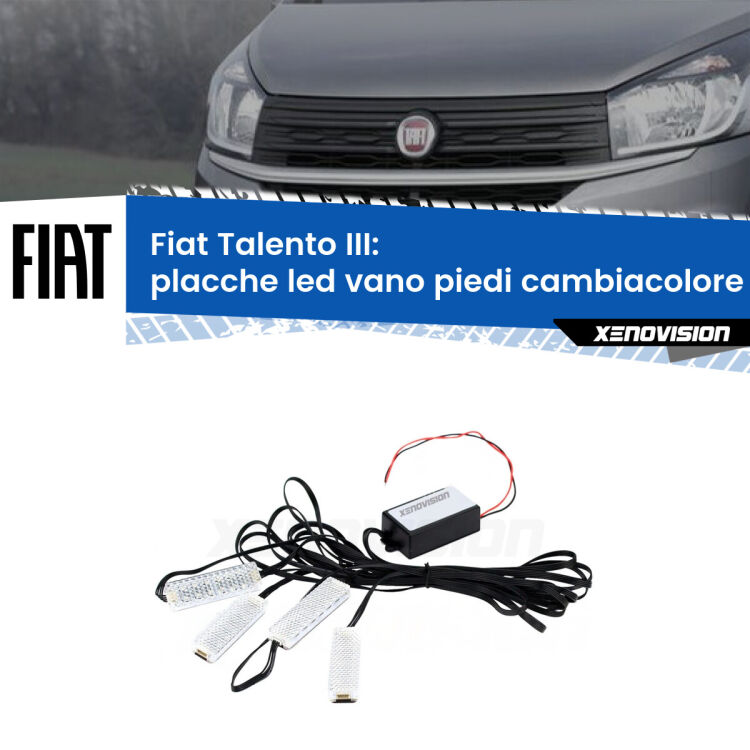 Placche LED vano piedi cambiacolore bluetooth per Fiat Talento III 2016 in poi <strong>Kit placche LED cambiacolore vano piedi Fiat Talento</strong> III 2016 in poi. 4 placche <strong>Bluetooth</strong> con app Android /iOS.
