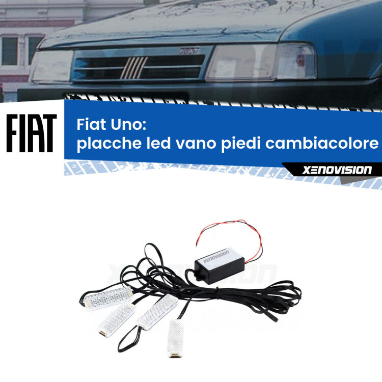 Placche LED vano piedi cambiacolore bluetooth per Fiat Uno 1983 - 1995 <strong>Kit placche LED cambiacolore vano piedi Fiat Uno</strong> 1983 - 1995. 4 placche <strong>Bluetooth</strong> con app Android /iOS.