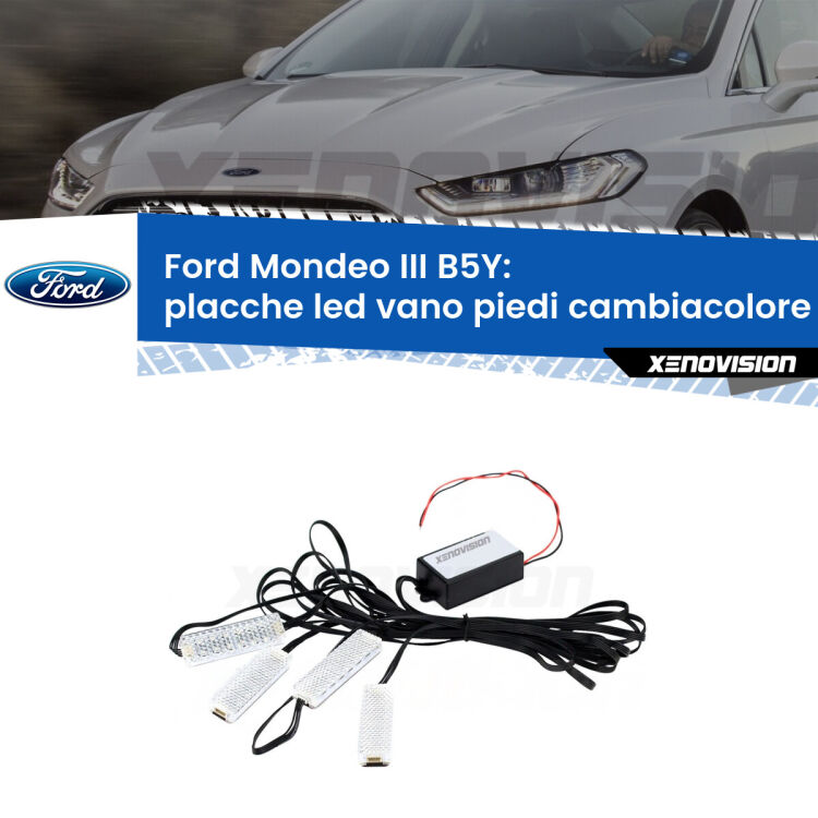 0 Placche LED vano piedi cambiacolore bluetooth per Ford Mondeo III B5Y 2000 - 2007 <strong>Kit placche LED cambiacolore vano piedi Ford Mondeo III</strong> B5Y 2000 - 2007. 4 placche <strong>Bluetooth</strong> con app Android /iOS.