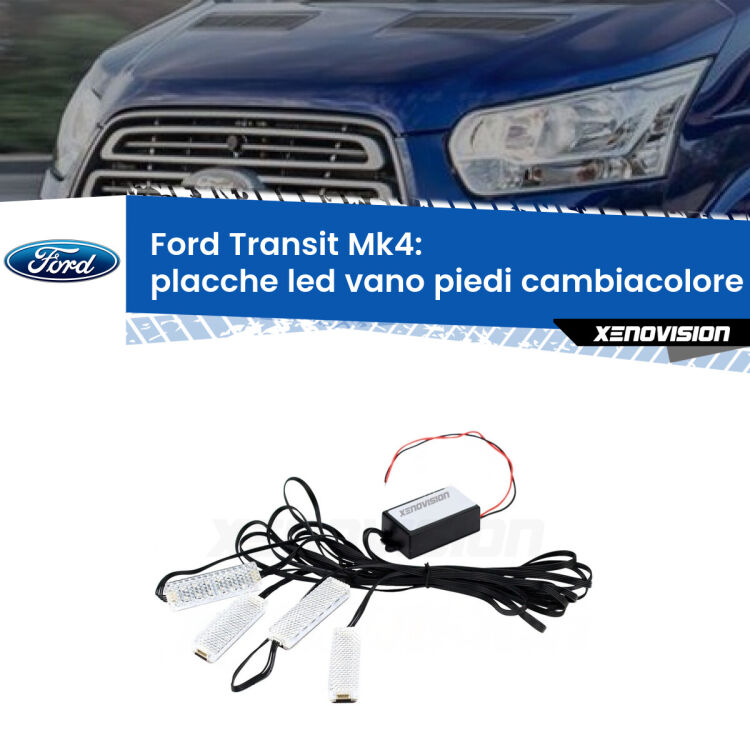 0 Placche LED vano piedi cambiacolore bluetooth per Ford Transit Mk4 2014 in poi <strong>Kit placche LED cambiacolore vano piedi Ford Transit</strong> Mk4 2014 in poi. 4 placche <strong>Bluetooth</strong> con app Android /iOS.