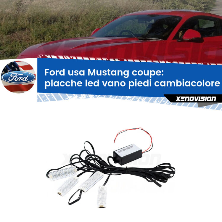 Placche LED vano piedi cambiacolore bluetooth per Ford usa Mustang coupe 2014 in poi <strong>Kit placche LED cambiacolore vano piedi Ford usa Mustang coupe</strong> 2014 in poi. 4 placche <strong>Bluetooth</strong> con app Android /iOS.