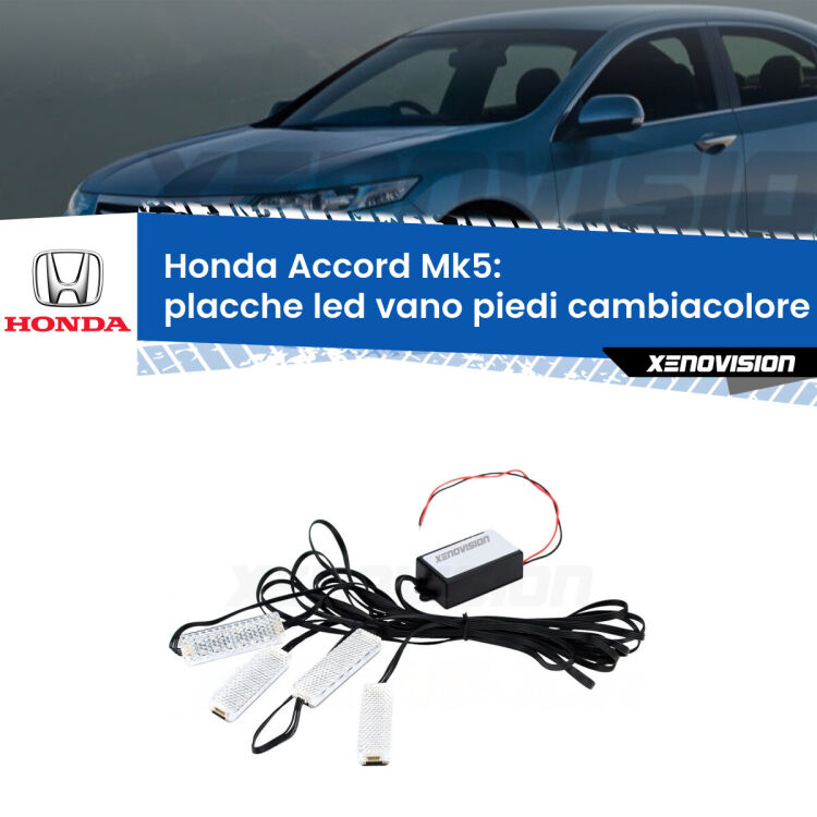 Placche LED vano piedi cambiacolore bluetooth per Honda Accord Mk5 1993 - 1996 <strong>Kit placche LED cambiacolore vano piedi Honda Accord</strong> Mk5 1993 - 1996. 4 placche <strong>Bluetooth</strong> con app Android /iOS.