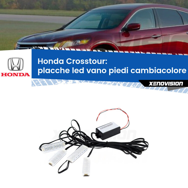 Placche LED vano piedi cambiacolore bluetooth per Honda Crosstour 2010 - 2015 <strong>Kit placche LED cambiacolore vano piedi Honda Crosstour</strong> 2010 - 2015. 4 placche <strong>Bluetooth</strong> con app Android /iOS.