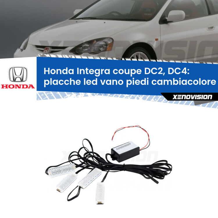 Placche LED vano piedi cambiacolore bluetooth per Honda Integra coupe DC2, DC4 1997 - 2001 <strong>Kit placche LED cambiacolore vano piedi Honda Integra coupe</strong> DC2, DC4 1997 - 2001. 4 placche <strong>Bluetooth</strong> con app Android /iOS.