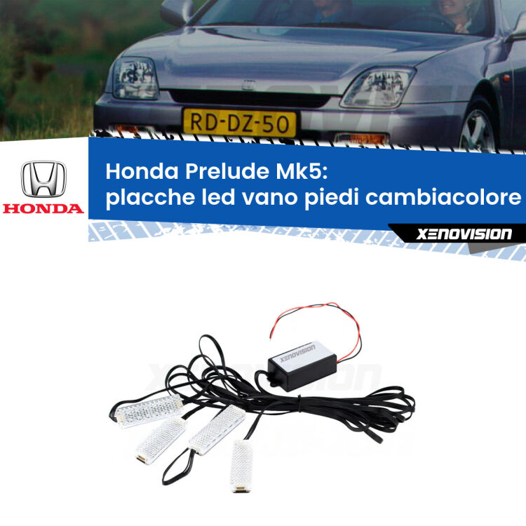 Placche LED vano piedi cambiacolore bluetooth per Honda Prelude Mk5 1996 - 2000 <strong>Kit placche LED cambiacolore vano piedi Honda Prelude</strong> Mk5 1996 - 2000. 4 placche <strong>Bluetooth</strong> con app Android /iOS.