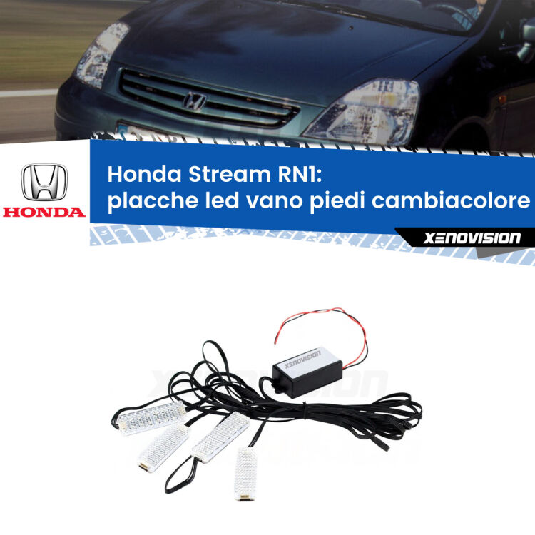 Placche LED vano piedi cambiacolore bluetooth per Honda Stream RN1 2001 - 2006 <strong>Kit placche LED cambiacolore vano piedi Honda Stream</strong> RN1 2001 - 2006. 4 placche <strong>Bluetooth</strong> con app Android /iOS.