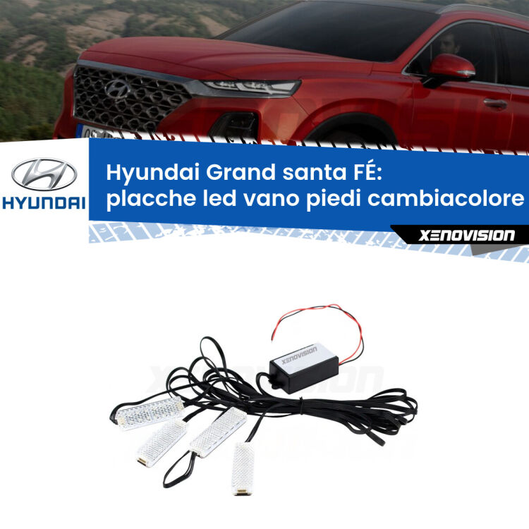 Placche LED vano piedi cambiacolore bluetooth per Hyundai Grand santa FÉ  2013 in poi <strong>Kit placche LED cambiacolore vano piedi Hyundai Grand santa FÉ</strong>  2013 in poi. 4 placche <strong>Bluetooth</strong> con app Android /iOS.