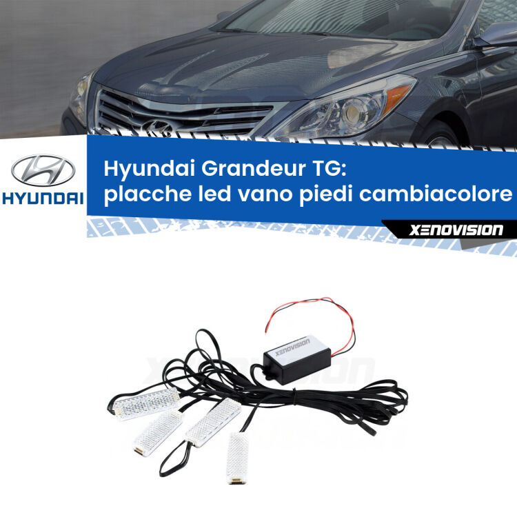 Placche LED vano piedi cambiacolore bluetooth per Hyundai Grandeur TG 2005 - 2011 <strong>Kit placche LED cambiacolore vano piedi Hyundai Grandeur</strong> TG 2005 - 2011. 4 placche <strong>Bluetooth</strong> con app Android /iOS.