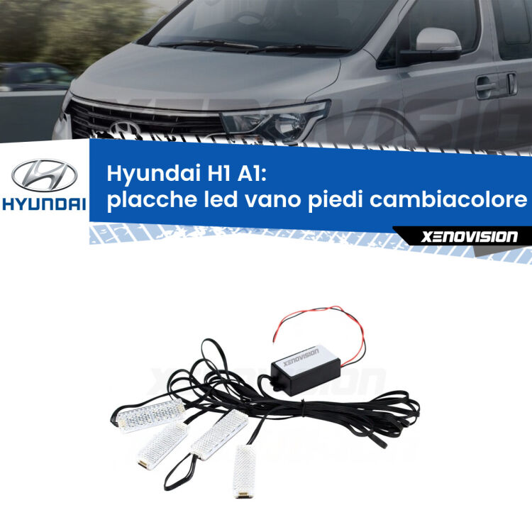 Placche LED vano piedi cambiacolore bluetooth per Hyundai H1 A1 1997 - 2008 <strong>Kit placche LED cambiacolore vano piedi Hyundai H1</strong> A1 1997 - 2008. 4 placche <strong>Bluetooth</strong> con app Android /iOS.