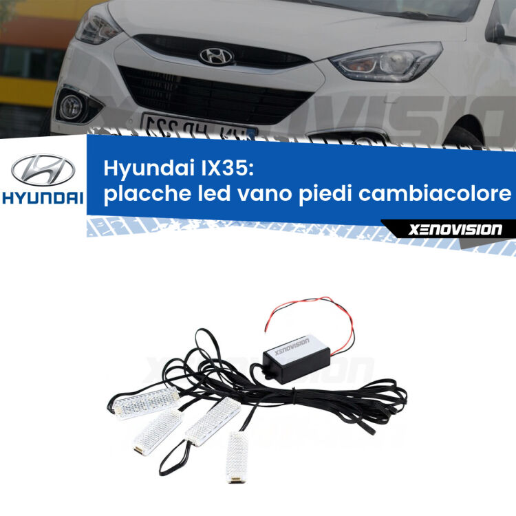Placche LED vano piedi cambiacolore bluetooth per Hyundai IX35  2009 - 2015 <strong>Kit placche LED cambiacolore vano piedi Hyundai IX35</strong>  2009 - 2015. 4 placche <strong>Bluetooth</strong> con app Android /iOS.