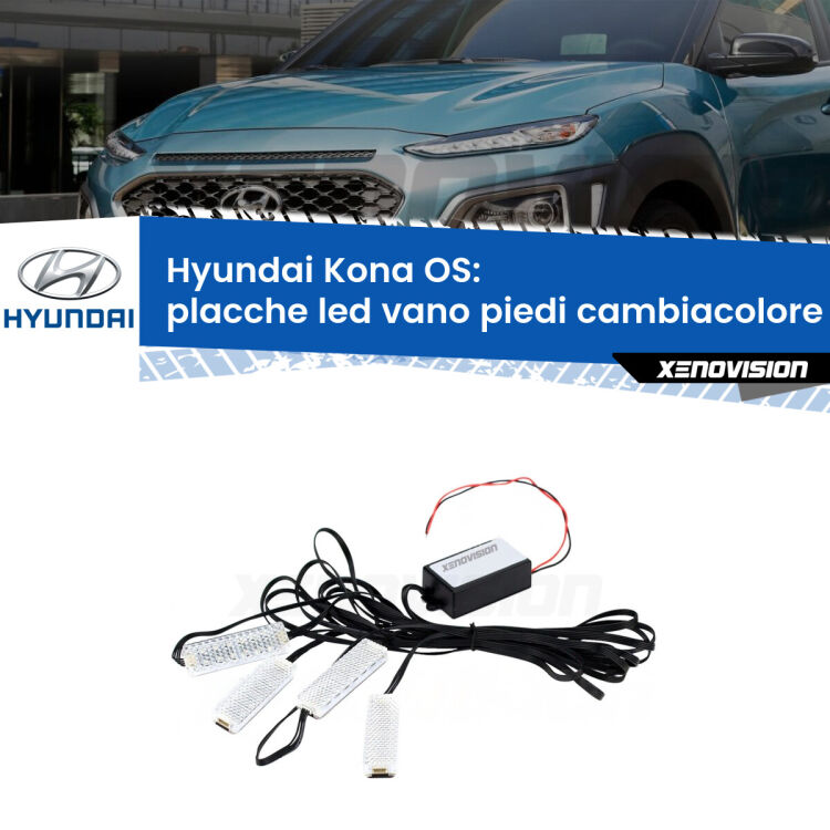 Placche LED vano piedi cambiacolore bluetooth per Hyundai Kona OS 2017 - 2022 <strong>Kit placche LED cambiacolore vano piedi Hyundai Kona</strong> OS 2017 - 2022. 4 placche <strong>Bluetooth</strong> con app Android /iOS.