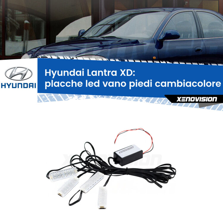 Placche LED vano piedi cambiacolore bluetooth per Hyundai Lantra XD 2000 - 2006 <strong>Kit placche LED cambiacolore vano piedi Hyundai Lantra</strong> XD 2000 - 2006. 4 placche <strong>Bluetooth</strong> con app Android /iOS.