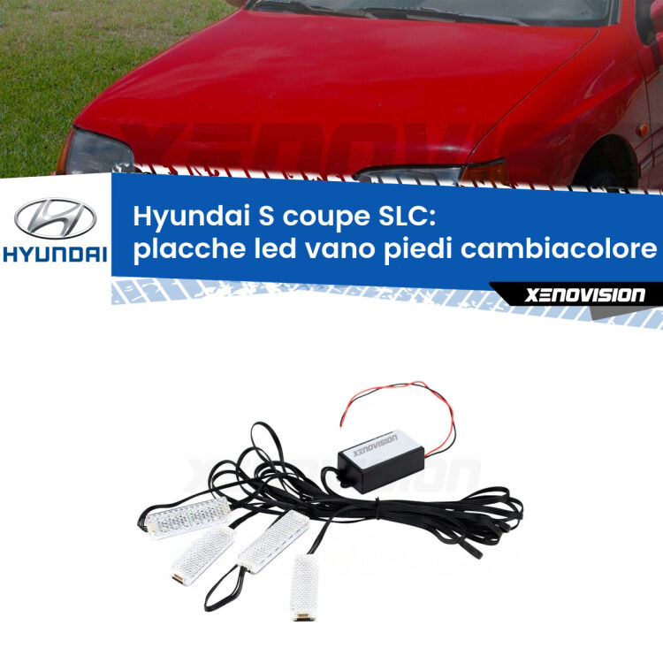 Placche LED vano piedi cambiacolore bluetooth per Hyundai S coupe SLC 1990 - 1996 <strong>Kit placche LED cambiacolore vano piedi Hyundai S coupe</strong> SLC 1990 - 1996. 4 placche <strong>Bluetooth</strong> con app Android /iOS.