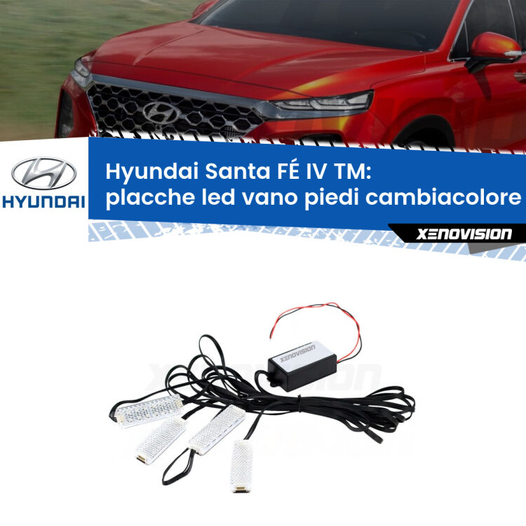Placche LED vano piedi cambiacolore bluetooth per Hyundai Santa FÉ IV TM 2018 in poi <strong>Kit placche LED cambiacolore vano piedi Hyundai Santa FÉ IV</strong> TM 2018 in poi. 4 placche <strong>Bluetooth</strong> con app Android /iOS.