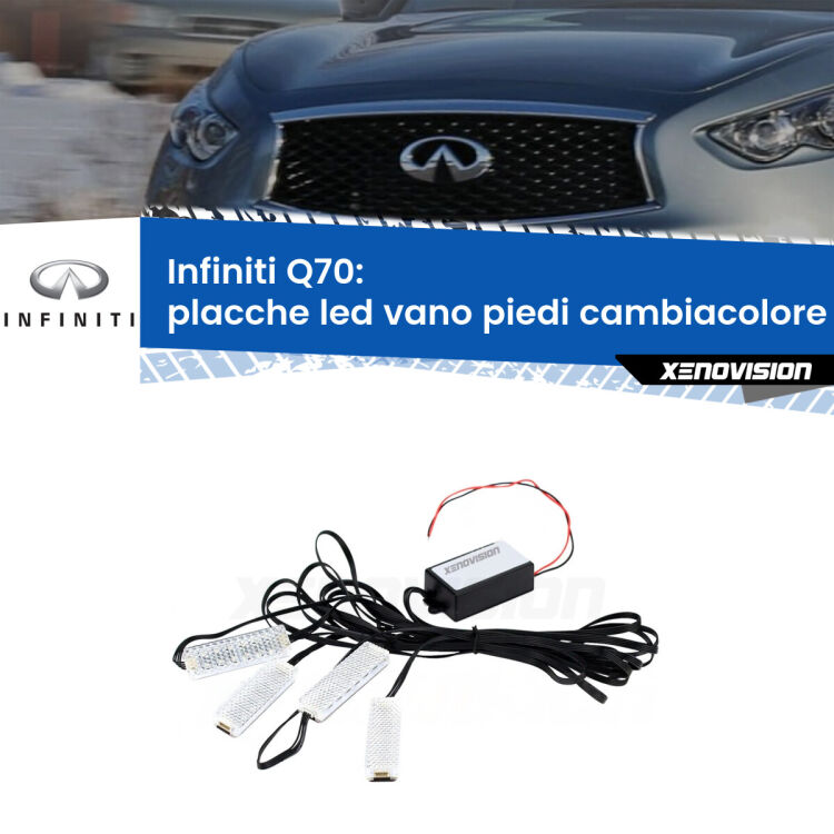 Placche LED vano piedi cambiacolore bluetooth per Infiniti Q70 2014 - 2019 <strong>Kit placche LED cambiacolore vano piedi Infiniti Q70</strong> 2014 - 2019. 4 placche <strong>Bluetooth</strong> con app Android /iOS.