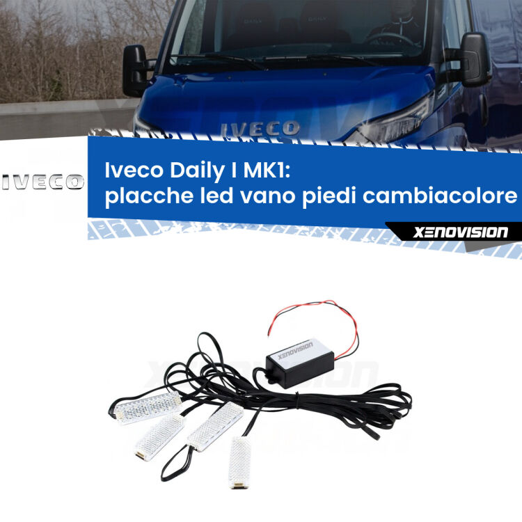 Placche LED vano piedi cambiacolore bluetooth per Iveco Daily I MK1 1978 - 1999 <strong>Kit placche LED cambiacolore vano piedi Iveco Daily I</strong> MK1 1978 - 1999. 4 placche <strong>Bluetooth</strong> con app Android /iOS.