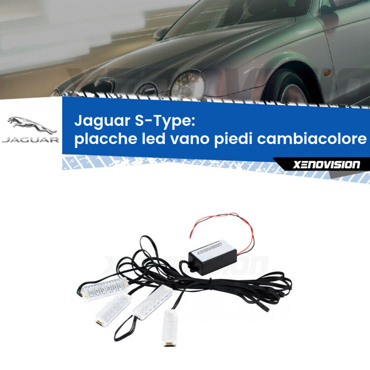 Placche LED vano piedi cambiacolore bluetooth per Jaguar S-Type 1999 - 2007 <strong>Kit placche LED cambiacolore vano piedi Jaguar S-Type</strong> 1999 - 2007. 4 placche <strong>Bluetooth</strong> con app Android /iOS.