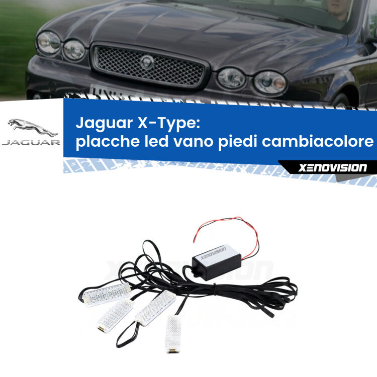 Placche LED vano piedi cambiacolore bluetooth per Jaguar X-Type  2001 - 2009 <strong>Kit placche LED cambiacolore vano piedi Jaguar X-Type</strong>  2001 - 2009. 4 placche <strong>Bluetooth</strong> con app Android /iOS.
