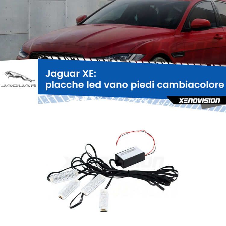 Placche LED vano piedi cambiacolore bluetooth per Jaguar XE  2015 in poi <strong>Kit placche LED cambiacolore vano piedi Jaguar XE</strong>  2015 in poi. 4 placche <strong>Bluetooth</strong> con app Android /iOS.