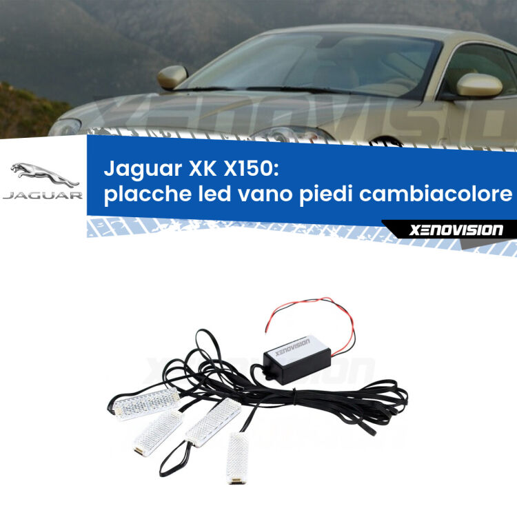Placche LED vano piedi cambiacolore bluetooth per Jaguar XK X150 2006 - 2014 <strong>Kit placche LED cambiacolore vano piedi Jaguar XK</strong> X150 2006 - 2014. 4 placche <strong>Bluetooth</strong> con app Android /iOS.