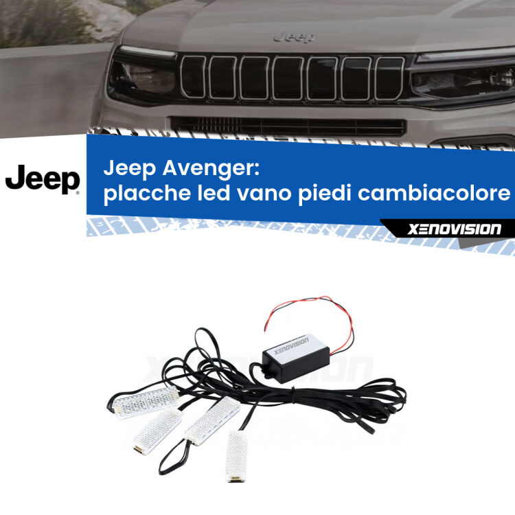 Placche LED vano piedi cambiacolore bluetooth per Jeep Avenger  2023 in poi <strong>Kit placche LED cambiacolore vano piedi Jeep Avenger</strong>  2023 in poi. 4 placche <strong>Bluetooth</strong> con app Android /iOS.