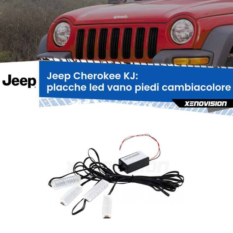 Placche LED vano piedi cambiacolore bluetooth per Jeep Cherokee KJ 2002 - 2007 <strong>Kit placche LED cambiacolore vano piedi Jeep Cherokee</strong> KJ 2002 - 2007. 4 placche <strong>Bluetooth</strong> con app Android /iOS.