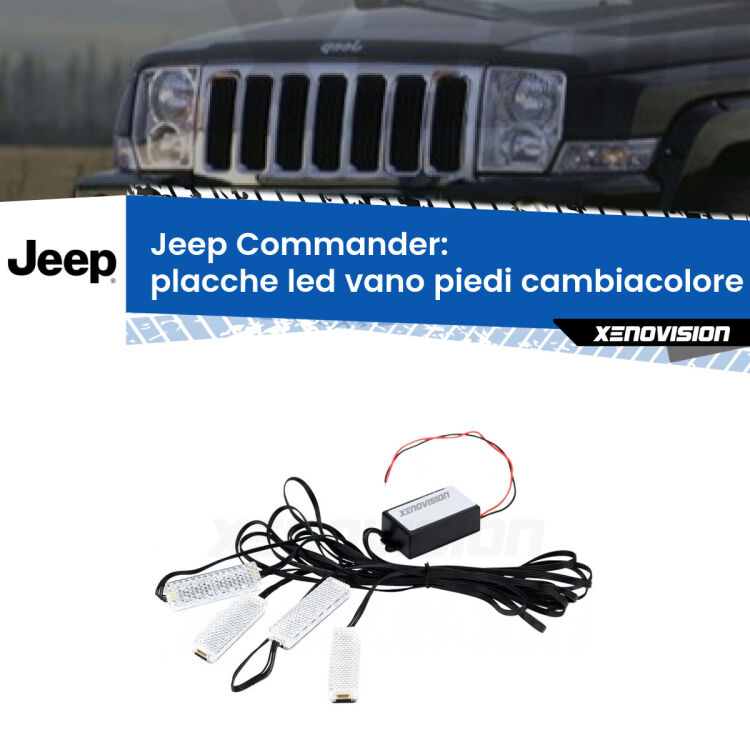 Placche LED vano piedi cambiacolore bluetooth per Jeep Commander  2005 - 2010 <strong>Kit placche LED cambiacolore vano piedi Jeep Commander</strong>  2005 - 2010. 4 placche <strong>Bluetooth</strong> con app Android /iOS.