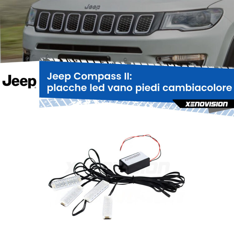 Placche LED vano piedi cambiacolore bluetooth per Jeep Compass II 2017 - 2020 <strong>Kit placche LED cambiacolore vano piedi Jeep Compass</strong> II 2017 - 2020. 4 placche <strong>Bluetooth</strong> con app Android /iOS.