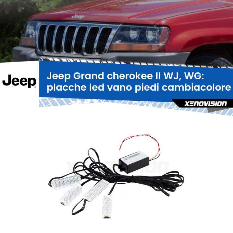 Placche LED vano piedi cambiacolore bluetooth per Jeep Grand cherokee II WJ, WG 1999 - 2004 <strong>Kit placche LED cambiacolore vano piedi Jeep Grand cherokee II</strong> WJ, WG 1999 - 2004. 4 placche <strong>Bluetooth</strong> con app Android /iOS.