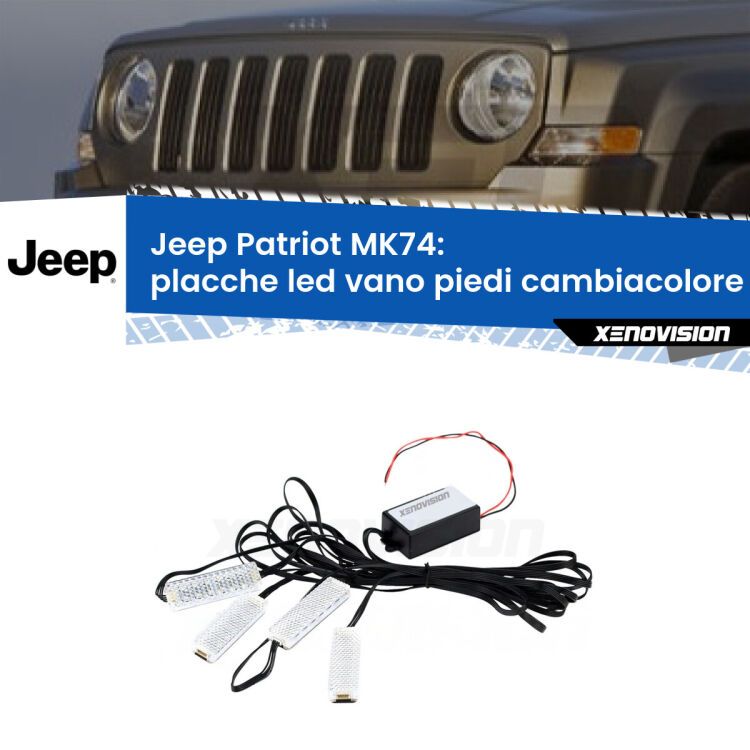 Placche LED vano piedi cambiacolore bluetooth per Jeep Patriot MK74 2007 - 2017 <strong>Kit placche LED cambiacolore vano piedi Jeep Patriot</strong> MK74 2007 - 2017. 4 placche <strong>Bluetooth</strong> con app Android /iOS.