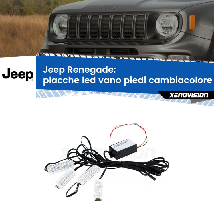 Placche LED vano piedi cambiacolore bluetooth per Jeep Renegade  2014 in poi <strong>Kit placche LED cambiacolore vano piedi Jeep Renegade</strong>  2014 in poi. 4 placche <strong>Bluetooth</strong> con app Android /iOS.