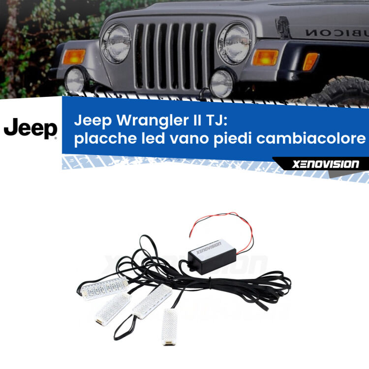Placche LED vano piedi cambiacolore bluetooth per Jeep Wrangler II TJ 1996 - 2005 <strong>Kit placche LED cambiacolore vano piedi Jeep Wrangler II</strong> TJ 1996 - 2005. 4 placche <strong>Bluetooth</strong> con app Android /iOS.