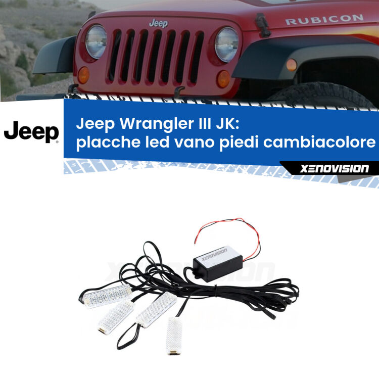 Placche LED vano piedi cambiacolore bluetooth per Jeep Wrangler III JK 2006 - 2016 <strong>Kit placche LED cambiacolore vano piedi Jeep Wrangler III</strong> JK 2006 - 2016. 4 placche <strong>Bluetooth</strong> con app Android /iOS.