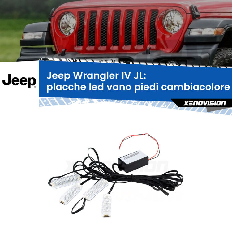 Placche LED vano piedi cambiacolore bluetooth per Jeep Wrangler IV JL 2017 in poi <strong>Kit placche LED cambiacolore vano piedi Jeep Wrangler IV</strong> JL 2017 in poi. 4 placche <strong>Bluetooth</strong> con app Android /iOS.