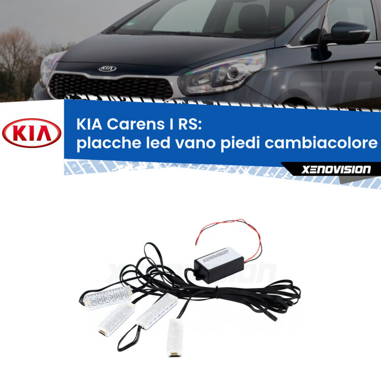 Placche LED vano piedi cambiacolore bluetooth per KIA Carens I RS 1999 - 2005 <strong>Kit placche LED cambiacolore vano piedi KIA Carens I</strong> RS 1999 - 2005. 4 placche <strong>Bluetooth</strong> con app Android /iOS.