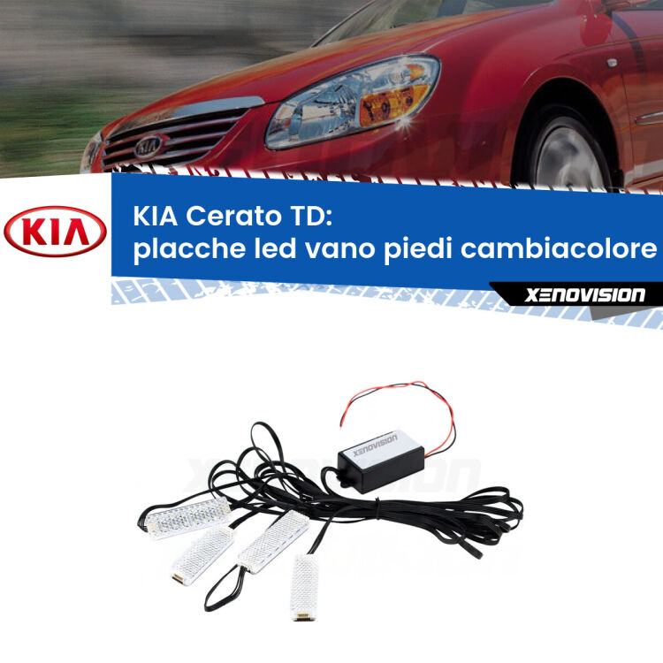 Placche LED vano piedi cambiacolore bluetooth per KIA Cerato TD 2008 - 2011 <strong>Kit placche LED cambiacolore vano piedi KIA Cerato</strong> TD 2008 - 2011. 4 placche <strong>Bluetooth</strong> con app Android /iOS.