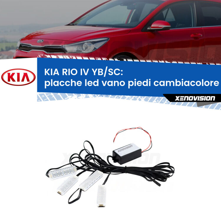 Placche LED vano piedi cambiacolore bluetooth per KIA RIO IV YB/SC 2016 in poi <strong>Kit placche LED cambiacolore vano piedi KIA RIO IV</strong> YB/SC 2016 in poi. 4 placche <strong>Bluetooth</strong> con app Android /iOS.