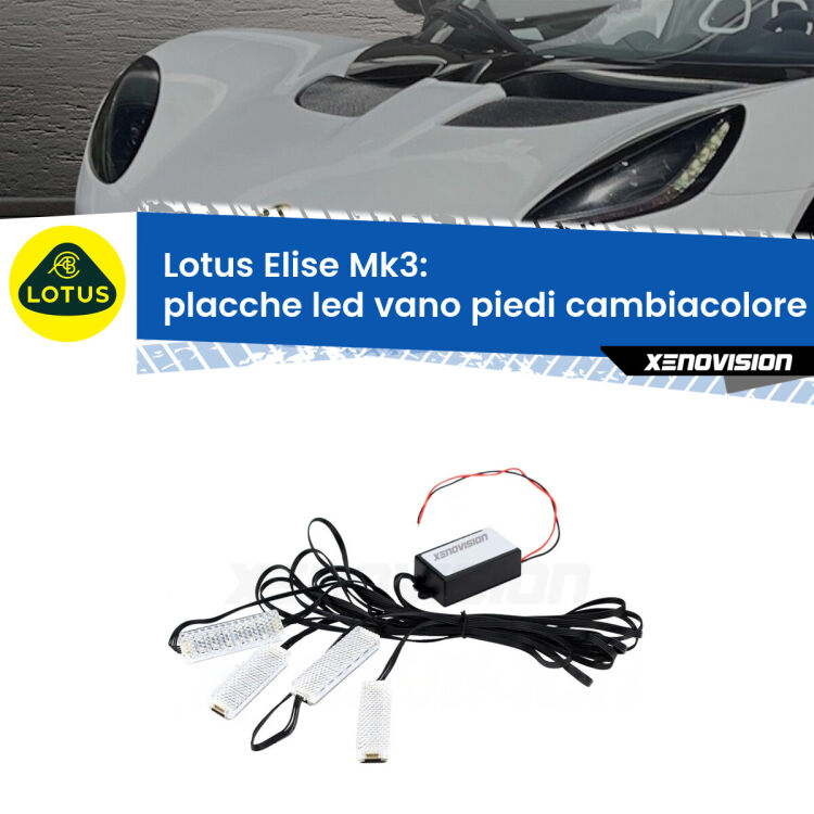 Placche LED vano piedi cambiacolore bluetooth per Lotus Elise Mk3 2010 - 2022 <strong>Kit placche LED cambiacolore vano piedi Lotus Elise</strong> Mk3 2010 - 2022. 4 placche <strong>Bluetooth</strong> con app Android /iOS.