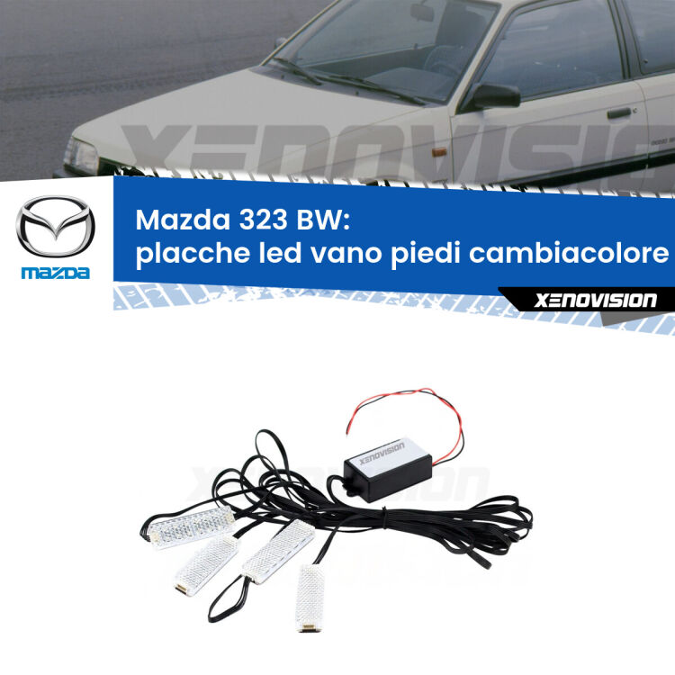 Placche LED vano piedi cambiacolore bluetooth per Mazda 323 BW 1986 - 1994 <strong>Kit placche LED cambiacolore vano piedi Mazda 323</strong> BW 1986 - 1994. 4 placche <strong>Bluetooth</strong> con app Android /iOS.