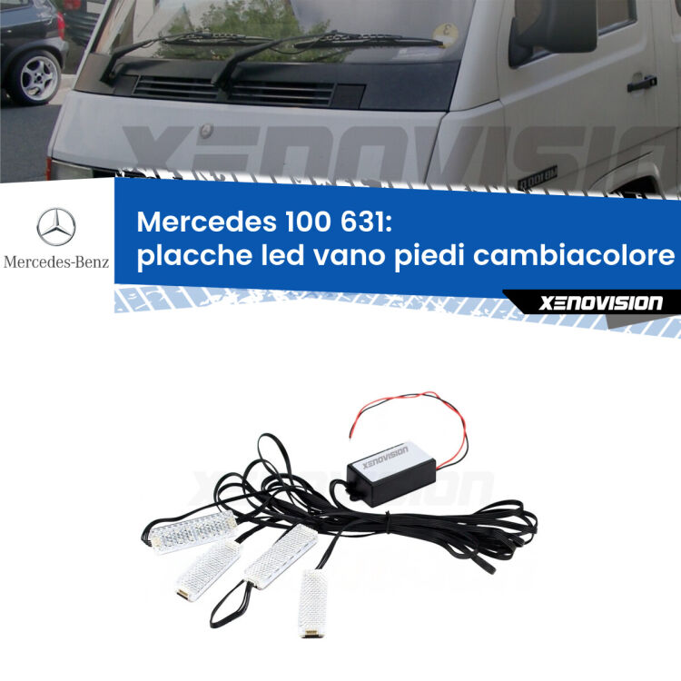 Placche LED vano piedi cambiacolore bluetooth per Mercedes 100 631 1988 - 1996 <strong>Kit placche LED cambiacolore vano piedi Mercedes 100</strong> 631 1988 - 1996. 4 placche <strong>Bluetooth</strong> con app Android /iOS.