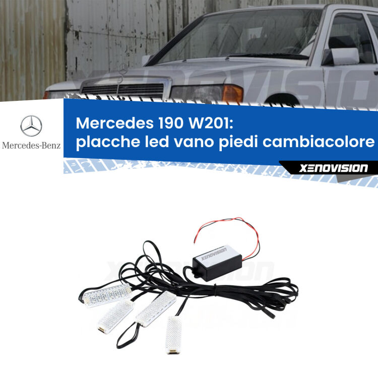 Placche LED vano piedi cambiacolore bluetooth per Mercedes 190 W201 1982 - 1993 <strong>Kit placche LED cambiacolore vano piedi Mercedes 190</strong> W201 1982 - 1993. 4 placche <strong>Bluetooth</strong> con app Android /iOS.