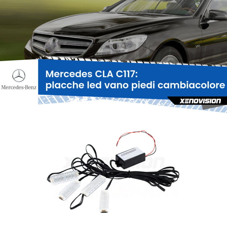 0 Placche LED vano piedi cambiacolore bluetooth per Mercedes CLA C117 2012 - 2019 <strong>Kit placche LED cambiacolore vano piedi Mercedes CLA</strong> C117 2012 - 2019. 4 placche <strong>Bluetooth</strong> con app Android /iOS.