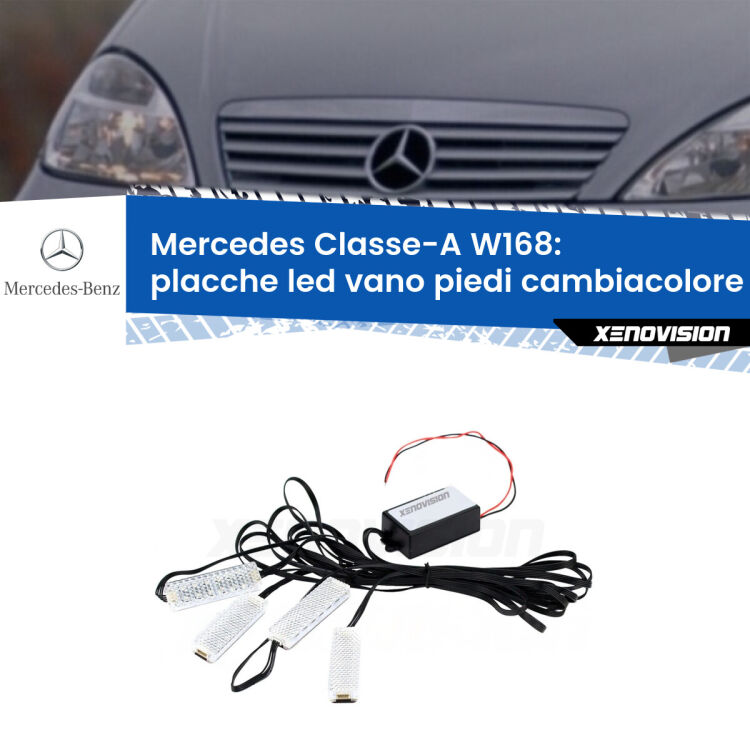 0 Placche LED vano piedi cambiacolore bluetooth per Mercedes Classe-A W168 1997 - 2004 <strong>Kit placche LED cambiacolore vano piedi Mercedes Classe-A</strong> W168 1997 - 2004. 4 placche <strong>Bluetooth</strong> con app Android /iOS.