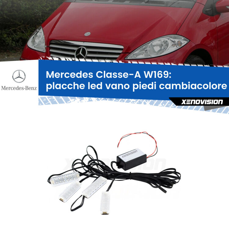 Placche LED vano piedi cambiacolore bluetooth per Mercedes Classe-A W169 2004 - 2012 <strong>Kit placche LED cambiacolore vano piedi Mercedes Classe-A</strong> W169 2004 - 2012. 4 placche <strong>Bluetooth</strong> con app Android /iOS.