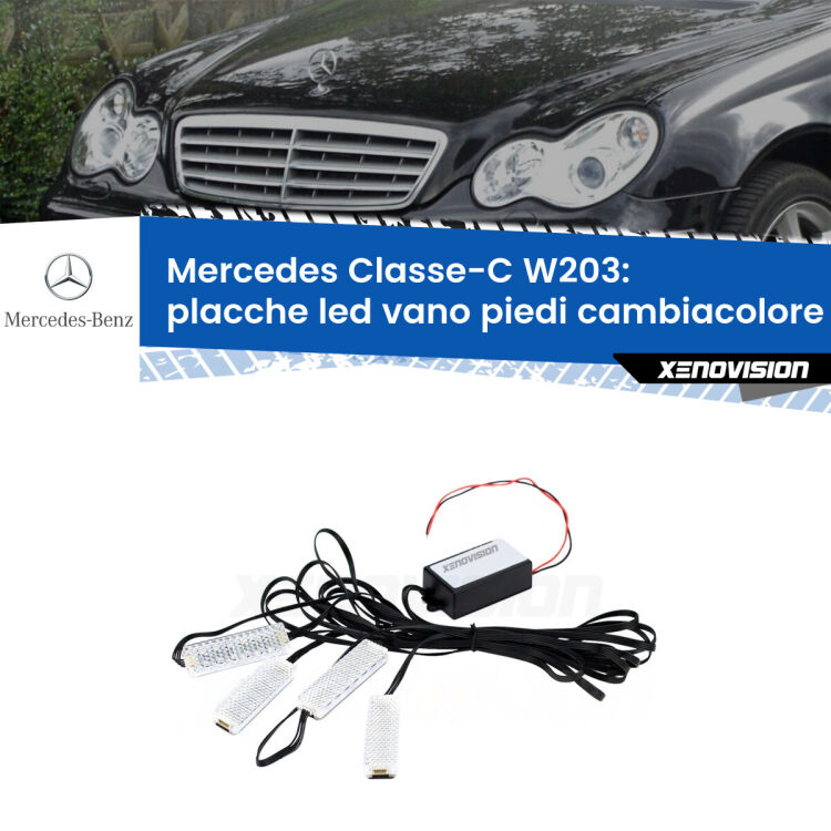 Placche LED vano piedi cambiacolore bluetooth per Mercedes Classe-C W203 2000 - 2007 <strong>Kit placche LED cambiacolore vano piedi Mercedes Classe-C</strong> W203 2000 - 2007. 4 placche <strong>Bluetooth</strong> con app Android /iOS.