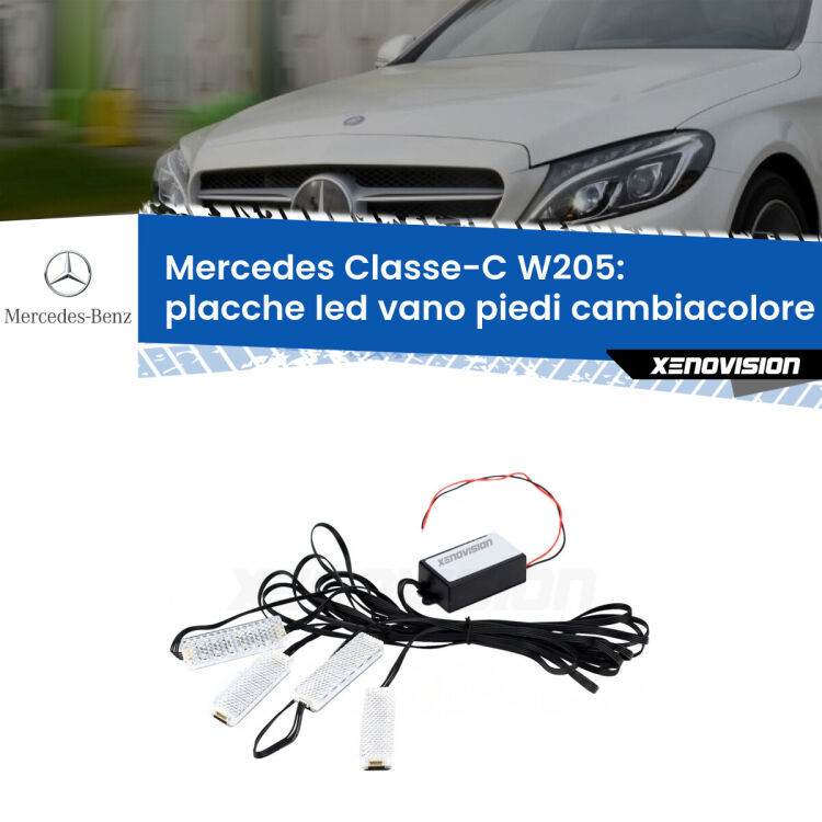 Placche LED vano piedi cambiacolore bluetooth per Mercedes Classe-C W205 2014 - 2021 <strong>Kit placche LED cambiacolore vano piedi Mercedes Classe-C</strong> W205 2014 - 2021. 4 placche <strong>Bluetooth</strong> con app Android /iOS.