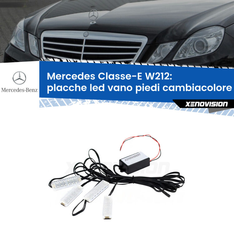 Placche LED vano piedi cambiacolore bluetooth per Mercedes Classe-E W212 2009 - 2016 <strong>Kit placche LED cambiacolore vano piedi Mercedes Classe-E</strong> W212 2009 - 2016. 4 placche <strong>Bluetooth</strong> con app Android /iOS.