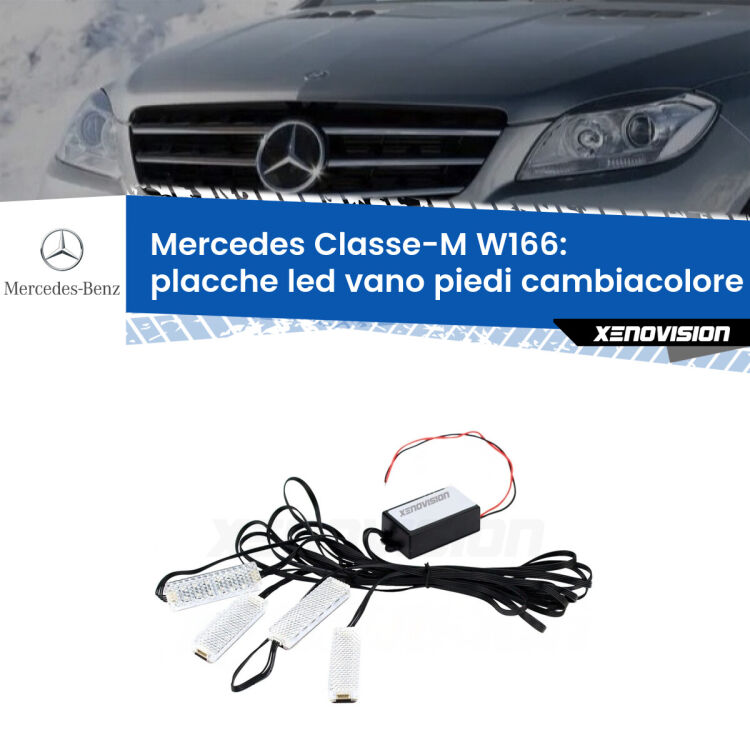 Placche LED vano piedi cambiacolore bluetooth per Mercedes Classe-M W166 2011 - 2015 <strong>Kit placche LED cambiacolore vano piedi Mercedes Classe-M</strong> W166 2011 - 2015. 4 placche <strong>Bluetooth</strong> con app Android /iOS.